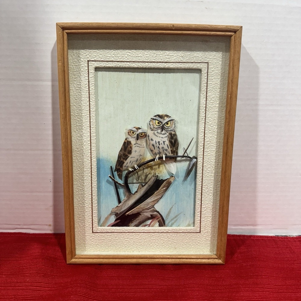 Vtg Handmade Feather Art 3D Pair Of Owls Perched on Branch Matted Framed Glass